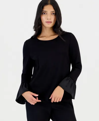 Anne Klein Essentials Petite Long-sleeve Ruffle-cuff Blouse In Black