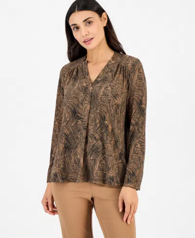 Anne Klein Essentials Petite Long-sleeve Split-neck Yoke Blouse In Anne Black,vicuna