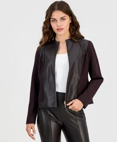 Anne Klein Essentials Petite Mod Moto Zipper-front Mandarin Collar Jacket In Deep Mahogany