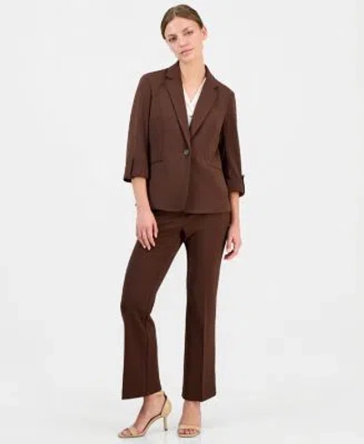 Anne Klein Essentials Petite Notched Collar Jacket Pull On Pants In Brown