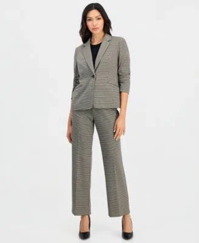 Anne Klein Essentials Petite One Button Scrunch Sleeve Jacket Nyc Compression Side Tab Pants In Anne Black,vicuna