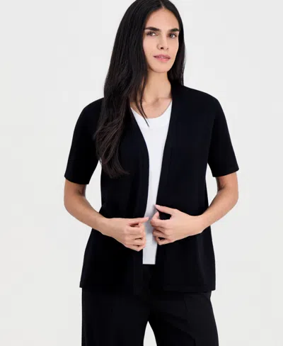 Anne Klein Essentials Petite Open-front Elbow-sleeve Cardigan In Black