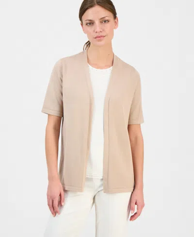 Anne Klein Essentials Petite Open-front Elbow-sleeve Cardigan In Brown