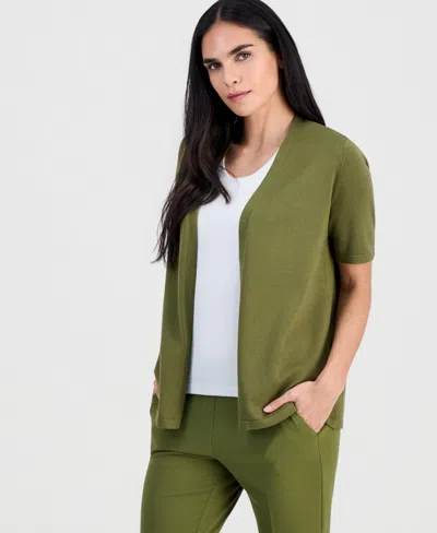 Anne Klein Essentials Petite Open-front Elbow-sleeve Cardigan In Green