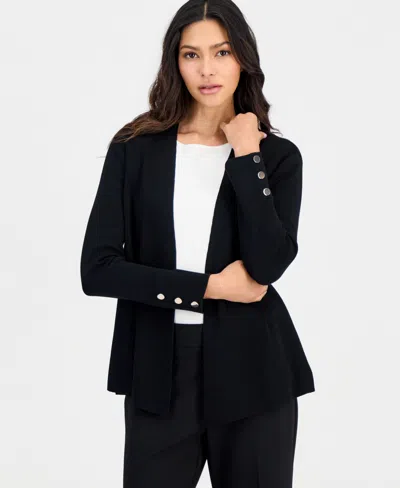 Anne Klein Essentials Petite Open-front Side-slit Cardigan In Anne Black