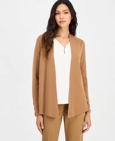 Anne Klein Essentials Petite Open-front Side-slit Cardigan In Vicuna