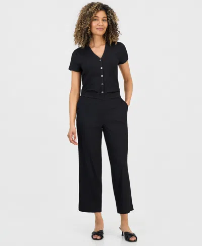 Anne Klein Essentials Petite Pebble-texture Knit Pull-on Pants In Black