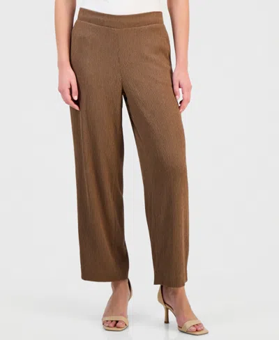 Anne Klein Essentials Petite Pebble-texture Knit Pull-on Pants In Brown