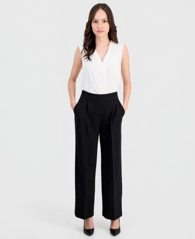 Anne Klein Essentials Petite Pleated Faux-fly Pull-on Pants In Blue