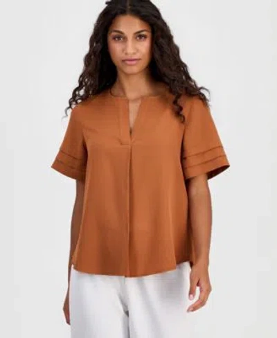Anne Klein Essentials Petite Pleated Sleeve Split Neck Top In Cedar Spice