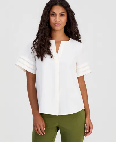 Anne Klein Essentials Petite Pleated-sleeve Split-neck Top In White