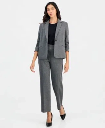 Anne Klein Essentials Petite Ponte One Button Scrunch Sleeve Jacket Nyc Compression Side Tab Pull On Pants In Anne Black,grey