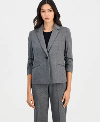 Anne Klein Essentials Petite Ponte One-button Scrunch-sleeve Jacket In Anne Black,grey