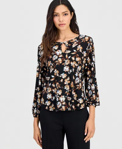 Anne Klein Essentials Petite Printed 3/4 Sleeve Keyhole Top In Anne Black Multi