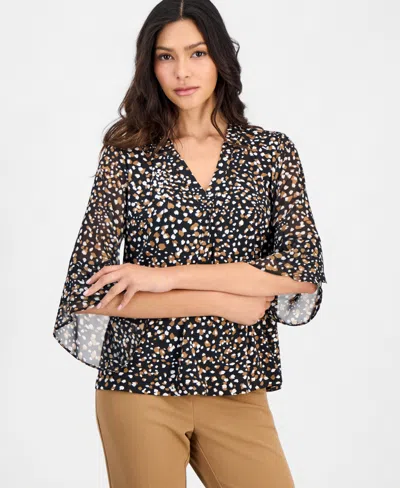 Anne Klein Essentials Petite Printed 3/4-bell-sleeve Split-neck Top In Anne Black
