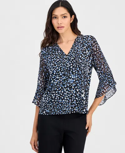 Anne Klein Essentials Petite Printed 3/4-bell-sleeve Split-neck Top In Anne Black Multi