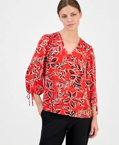 Anne Klein Essentials Petite Printed 3/4-sleeve Top In Red