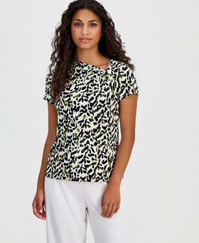 Anne Klein Essentials Petite Printed Asymmetric Short-sleeve Top In Multi
