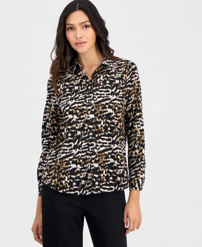 Anne Klein Essentials Petite Printed Button-front Blouse In Anne Black Multi