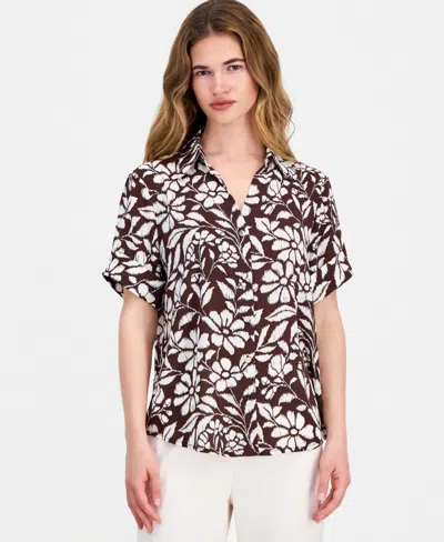 Anne Klein Essentials Petite Printed Button-front Top