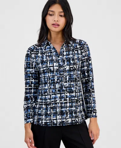 Anne Klein Essentials Petite Printed Collared 3/4-sleeve Top In Dutch Blue Multi