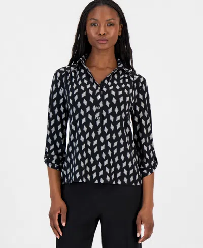 Anne Klein Essentials Petite Printed Collared 3/4-sleeve Top In Multi
