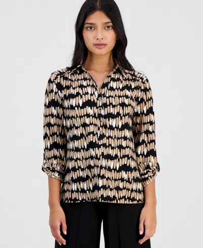 Anne Klein Essentials Petite Printed Collared 3/4-sleeve Top In Multi