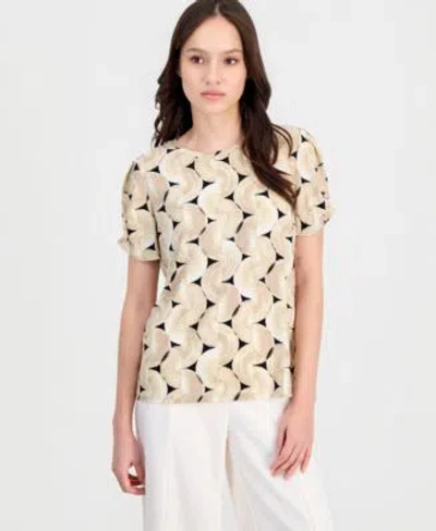 Anne Klein Essentials Petite Printed Gathered Sleeve Top In Multi