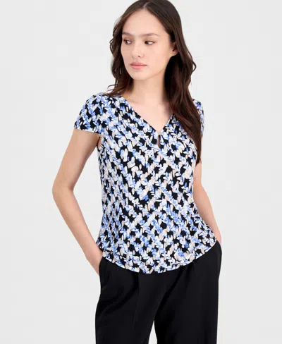 Anne Klein Essentials Petite Printed Keyhole Cap-sleeve Top