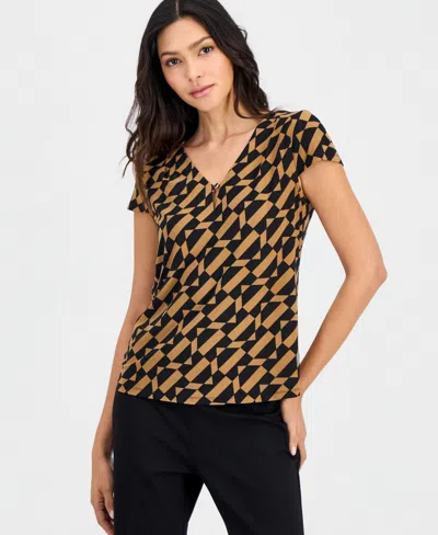 Anne Klein Essentials Petite Printed Pleated-neck Cap-sleeve Top In Anne Black,vicuna