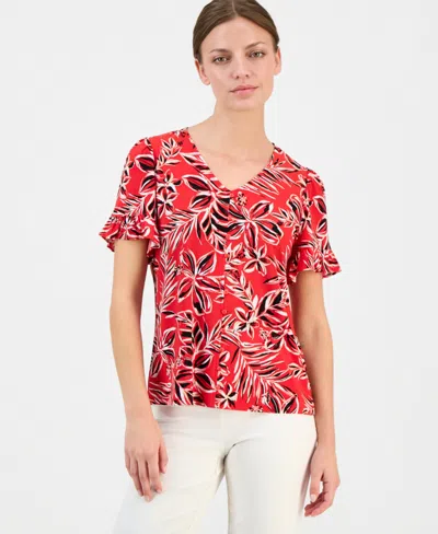 Anne Klein Essentials Petite Printed Ruffled-sleeve Top