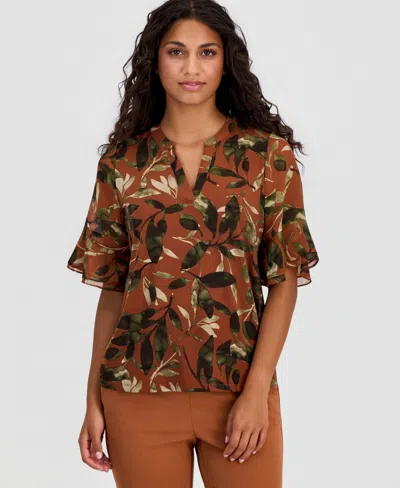 Anne Klein Essentials Petite Printed Ruffle-sleeve Top In Multi