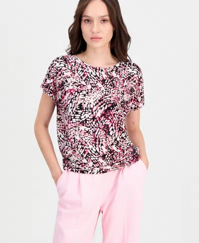 Anne Klein Essentials Petite Printed Short-sleeve Banded-hem Top