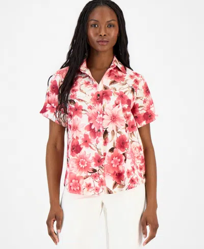 Anne Klein Essentials Petite Printed Short-sleeve Button-front Shirt