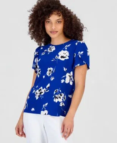 Anne Klein Essentials Petite Printed Tulip Sleeve Top In Blue