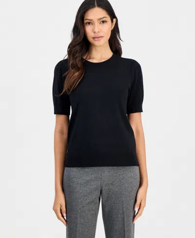 Anne Klein Essentials Petite Puff-sleeve Crewneck Sweater In Anne Black