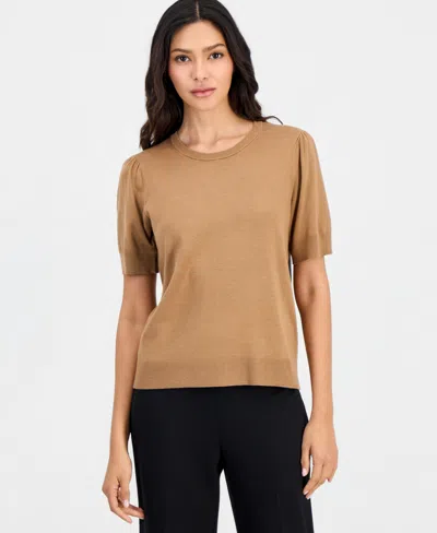 Anne Klein Essentials Petite Puff-sleeve Crewneck Sweater In Vicuna
