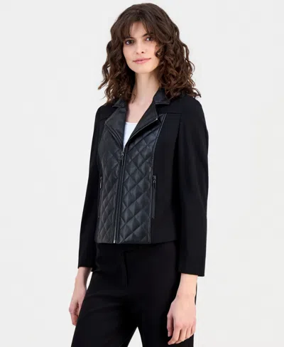 Anne Klein Essentials Petite Quilted-front Moto Jacket In Black