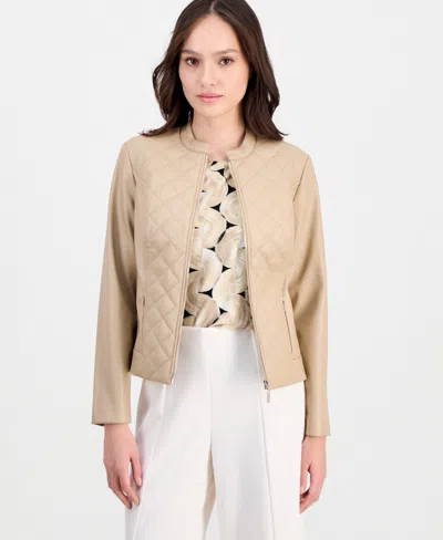Anne Klein Essentials Petite Quilted-front Moto Jacket In Latte