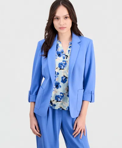 Anne Klein Essentials Petite Roll-tab Patch-pocket Blazer In Blue