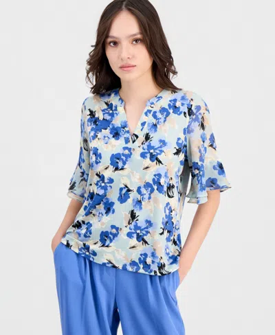 Anne Klein Essentials Petite Ruffle-cuff Split-neck Top In Green