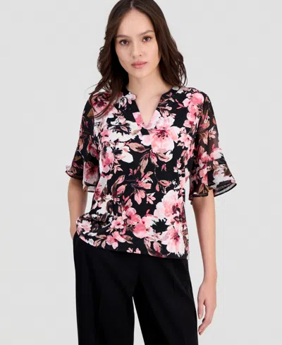 Anne Klein Essentials Petite Ruffle-cuff Split-neck Top In Multi