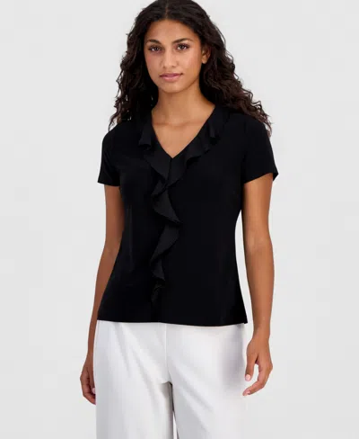 Anne Klein Essentials Petite Ruffle-trim V-neck Top In Black