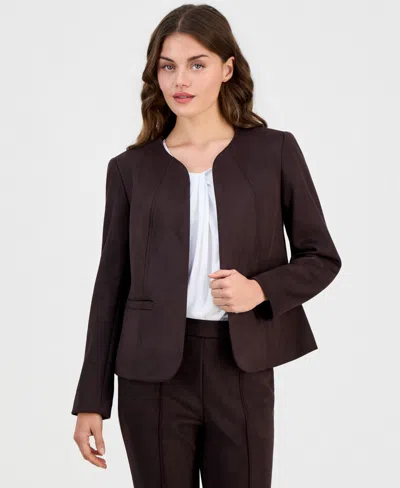 Anne Klein Essentials Petite Scuba Suede Open-front Jacket In Deep Mahogany