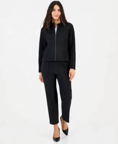 Anne Klein Essentials Petite Scuba Zip Front Moto Jacket Pull On Pintuck Pants In Anne Black