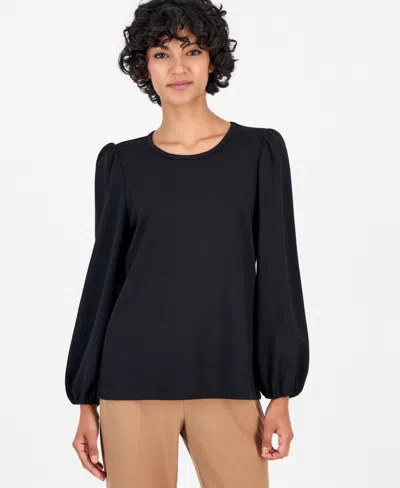 Anne Klein Essentials Petite Serenity Knit Long-sleeve Crewneck Blouse In Anne Black