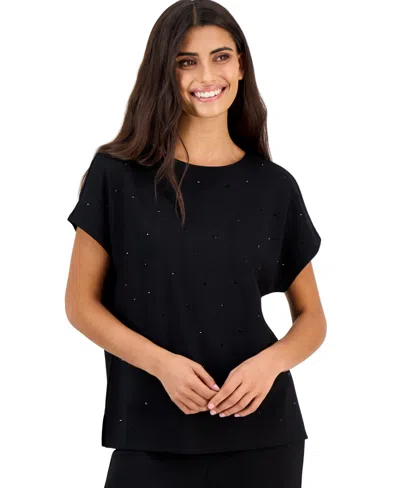 Anne Klein Essentials Petite Serentiy Heatset-embellished Boat Neck Short-sleeve T-shirt In Anne Black