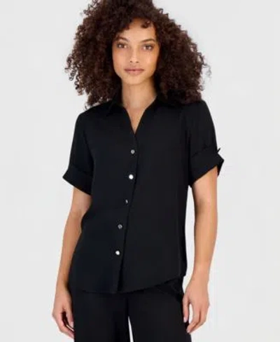 Anne Klein Essentials Petite Short Sleeve Button Front Shirt In Pink