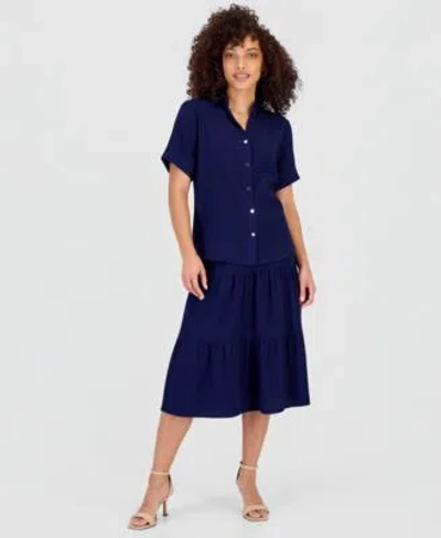 Anne Klein Essentials Petite Short Sleeve Button Front Shirt Pull On Tiered Midi Skirt In Gray