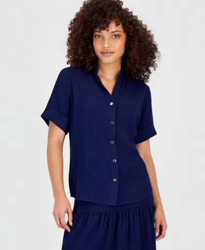 Anne Klein Essentials Petite Short-sleeve Button-front Shirt In Distant Mountain